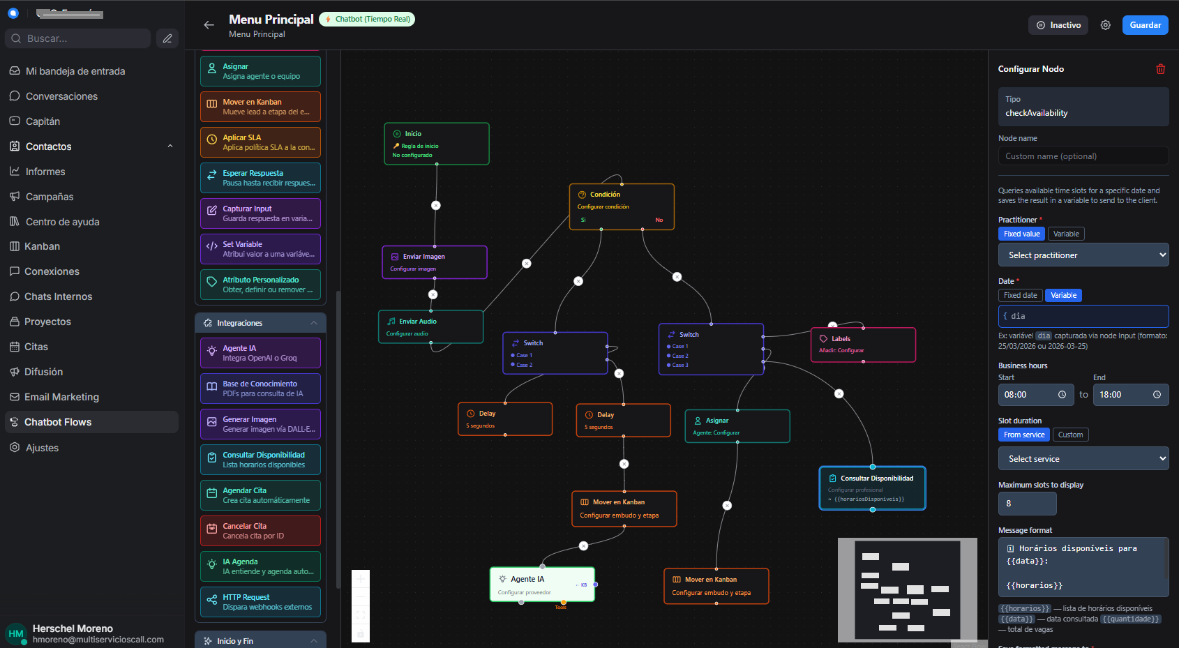 Diseñador de flujos de chatbot inteligentes en Chatwoot para automatización 24/7