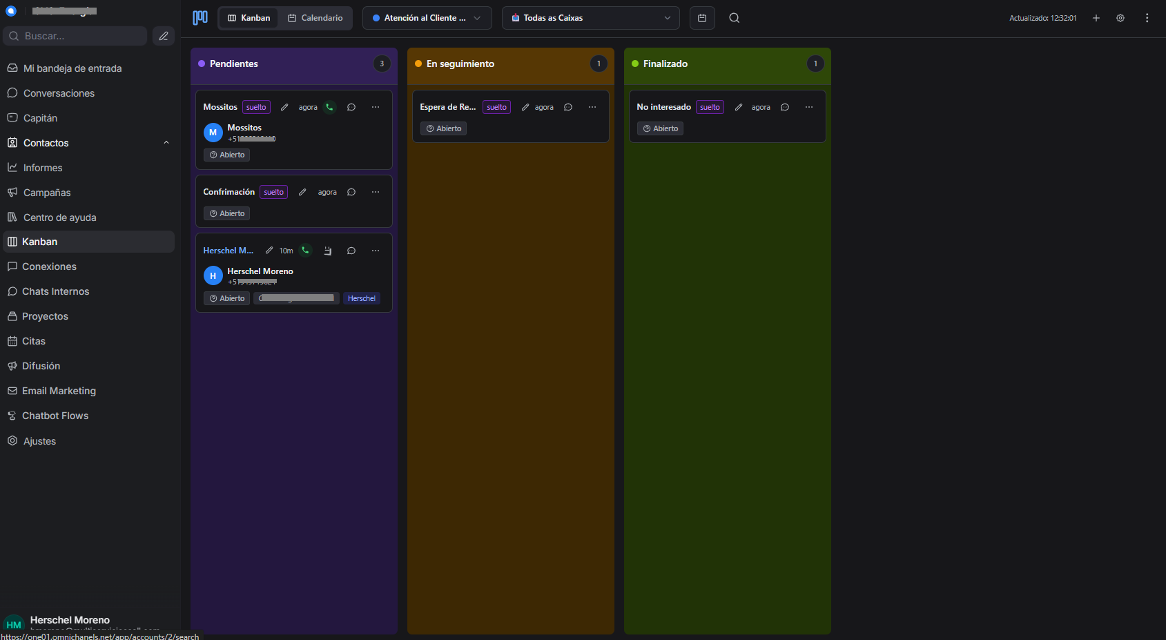 Tablero Kanban de Chatwoot para la gestión y seguimiento de tareas en equipo